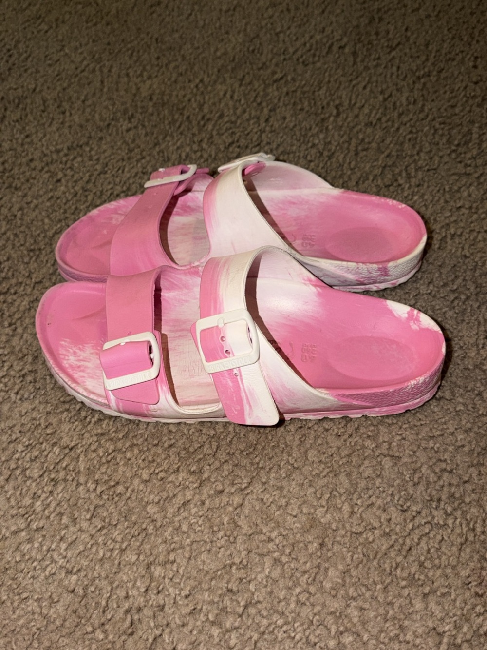 Birkenstock Pink and White Two-Strap Sandals
